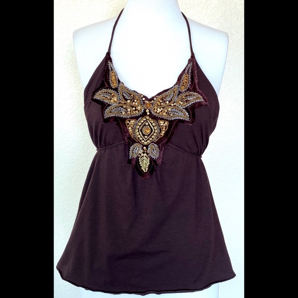 Georgiou Studio Brown Embellished Halter Top - Picture 1 of 4